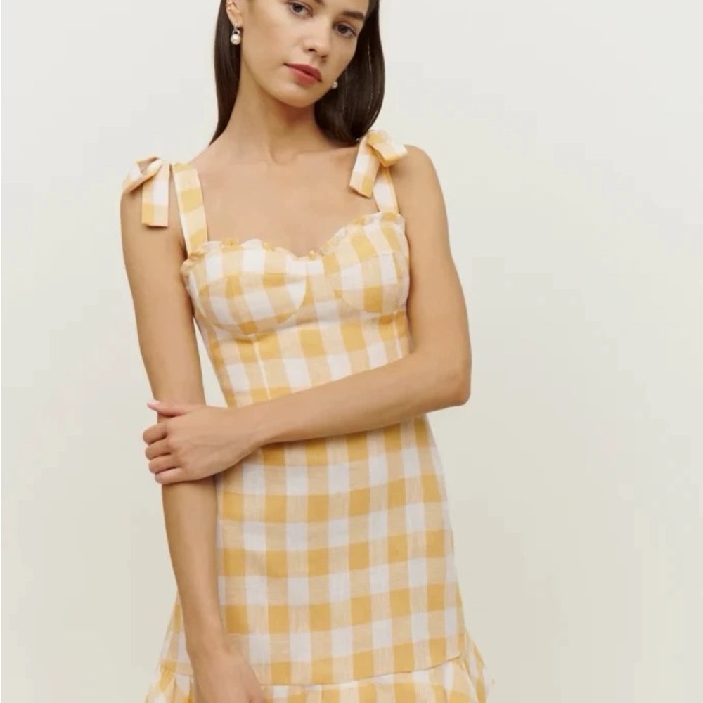 Reformation Desiree Linen Dress Dandelion Check Size 0